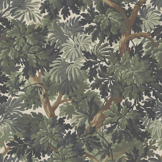 Dense Verdure wallpaper with olive foliage, charcoal leaves and branching brown trees