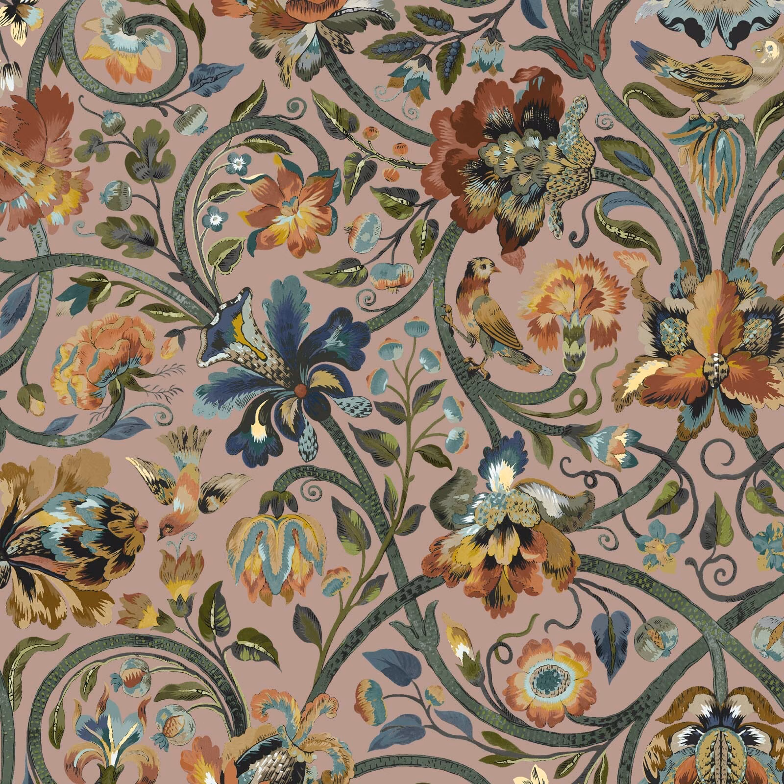 Dusty blush wallpaper with curling green vines, birds, butterflies and jewel-toned flowers