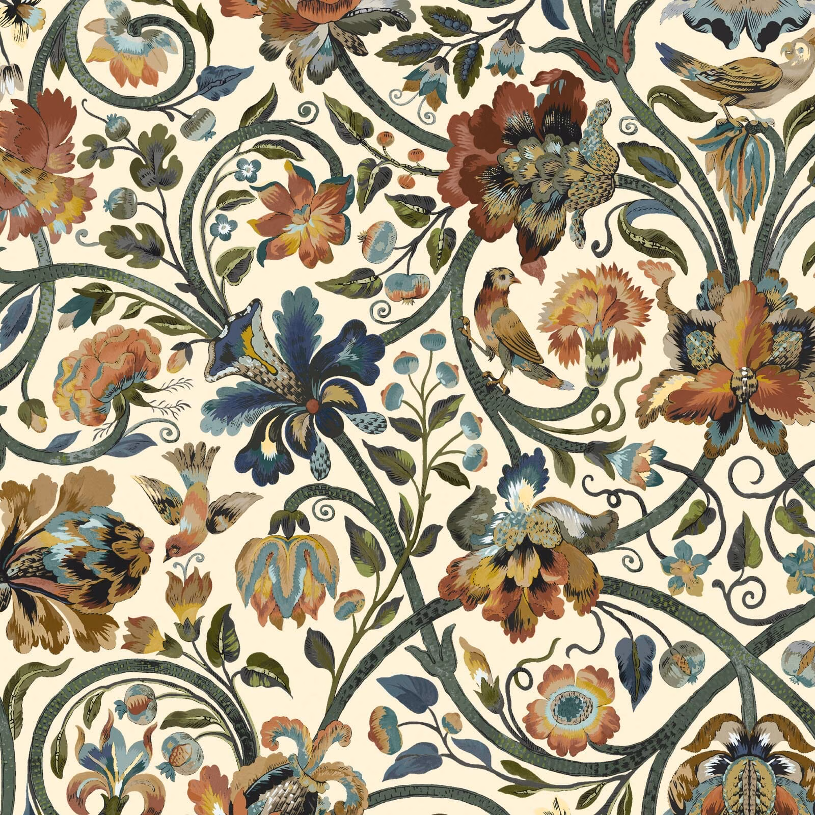 Ecru wallpaper with curling olive stems, rust flowers, blue leaves and birds