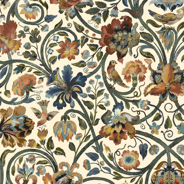 Ecru wallpaper with curling olive stems, rust flowers, blue leaves and birds
