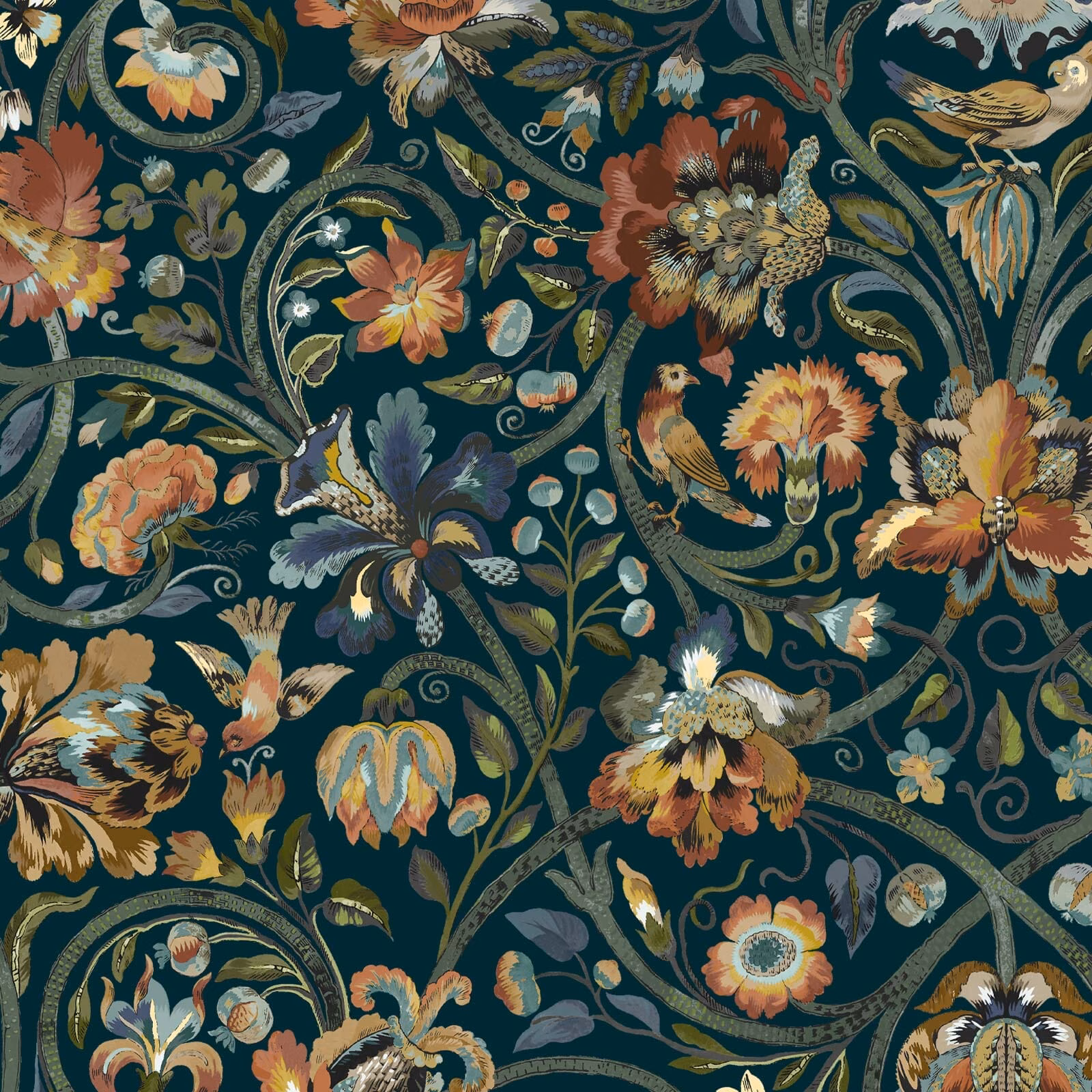 Midnight blue wallpaper with rust, ochre and blue flowers, curling vines and birds