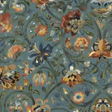 Blue-green botanical wallpaper with painterly flowers, birds and curling leafy stems