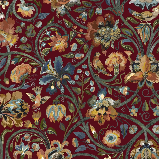 Deep vermilion wallpaper with teal vines and multicoloured floral blooms