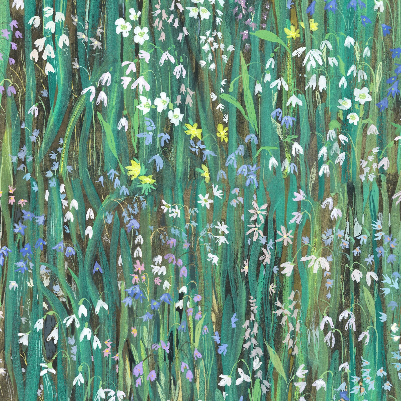 Viridis wallpaper with dense teal meadow grasses and scattered white, blue and yellow flowers