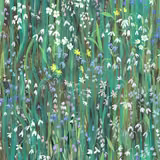 Viridis wallpaper with dense teal meadow grasses and scattered white, blue and yellow flowers