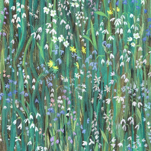Viridis wallpaper with dense teal meadow grasses and scattered white, blue and yellow flowers