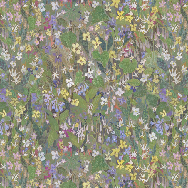 Dense Verde botanical wallpaper with sage foliage and lavender, yellow, pink and white flowers