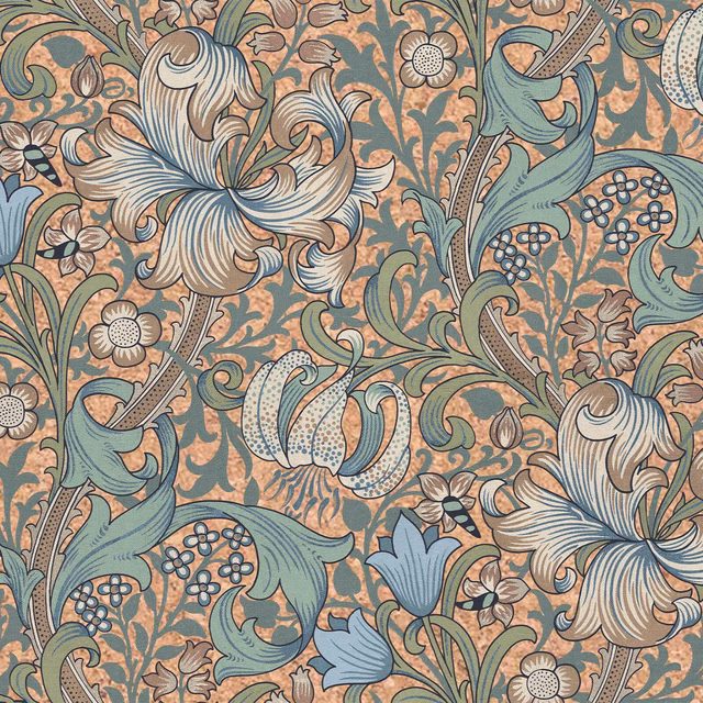 Moonstone wallpaper with peach ground, sage lilies, blue foliage and fine dark outlines