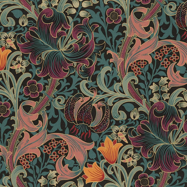 Deep teal wallpaper with oversized plum, coral and ochre lilies among curling botanical leaves