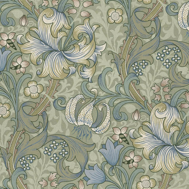 Apple green botanical wallpaper with cream lilies, blue leaves and blush floral details