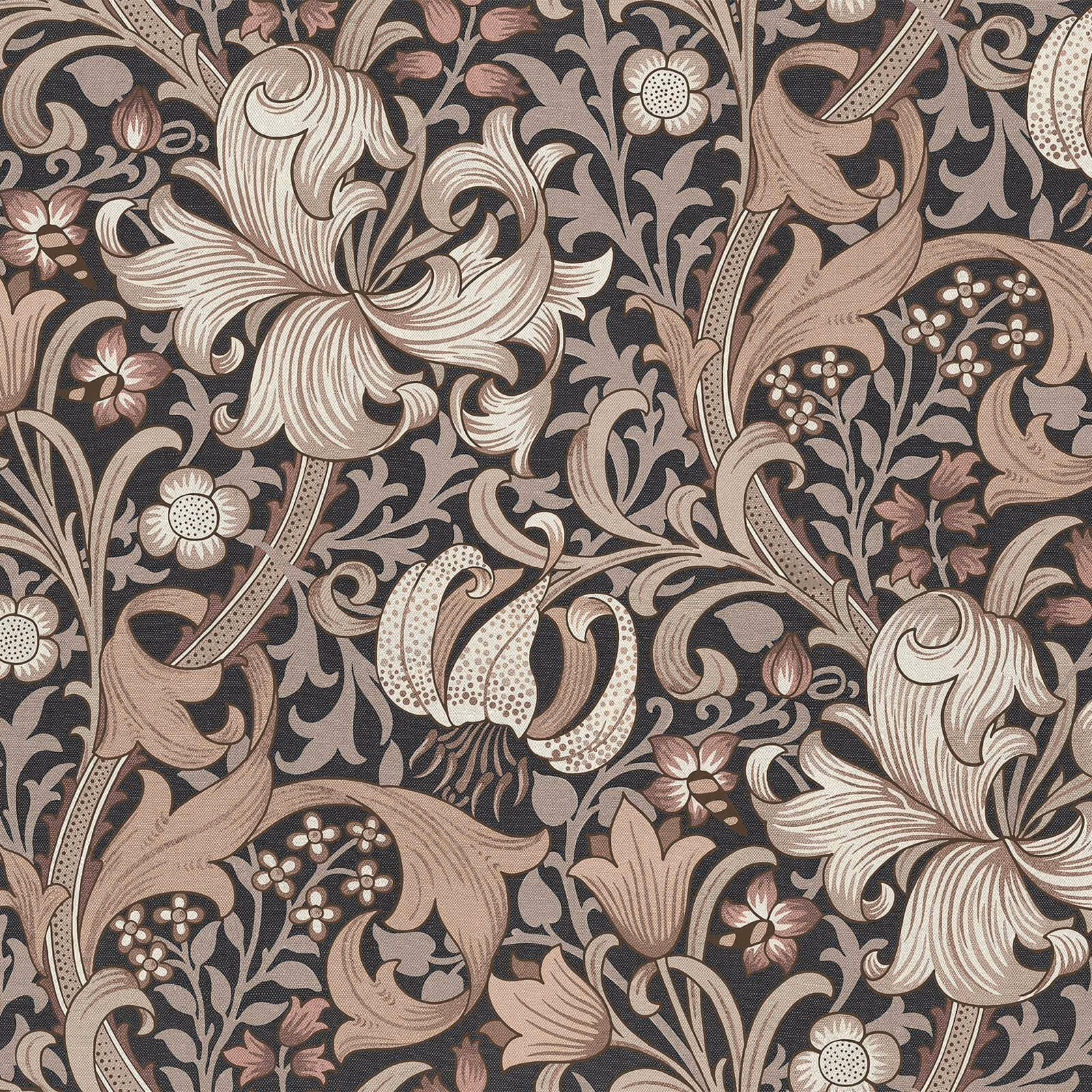 Charcoal botanical wallpaper with ivory lilies, taupe leaves and dusty rose flowers