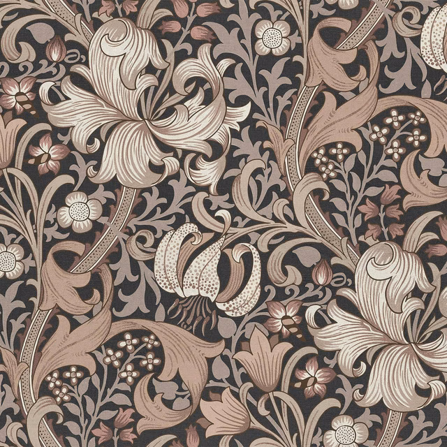 Charcoal botanical wallpaper with ivory lilies, taupe leaves and dusty rose flowers
