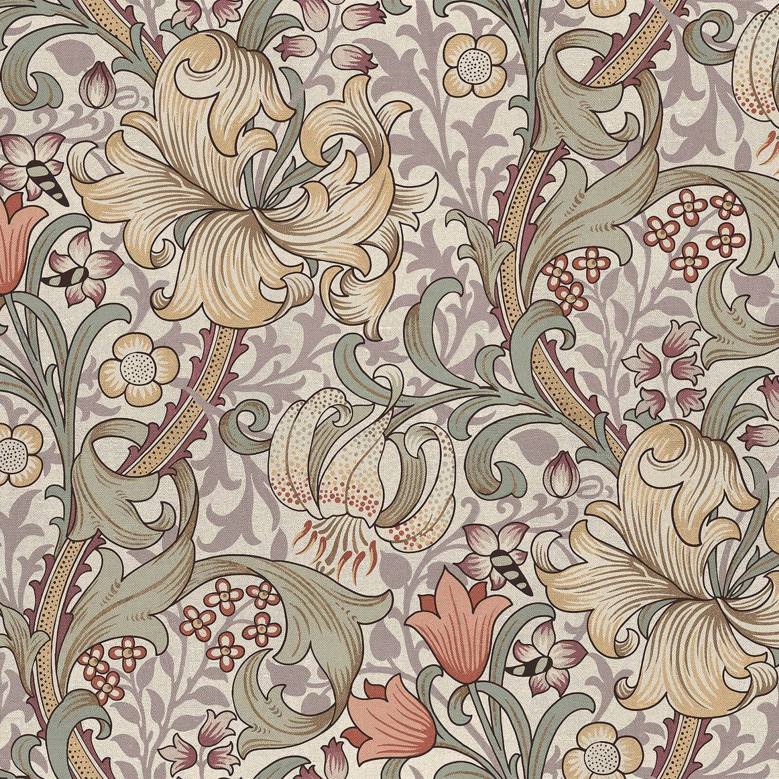 Cirrus wallpaper with cream lilies, sage leaves and dusty pink flowers on grey-taupe