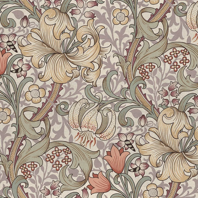 Cirrus wallpaper with cream lilies, sage leaves and dusty pink flowers on grey-taupe