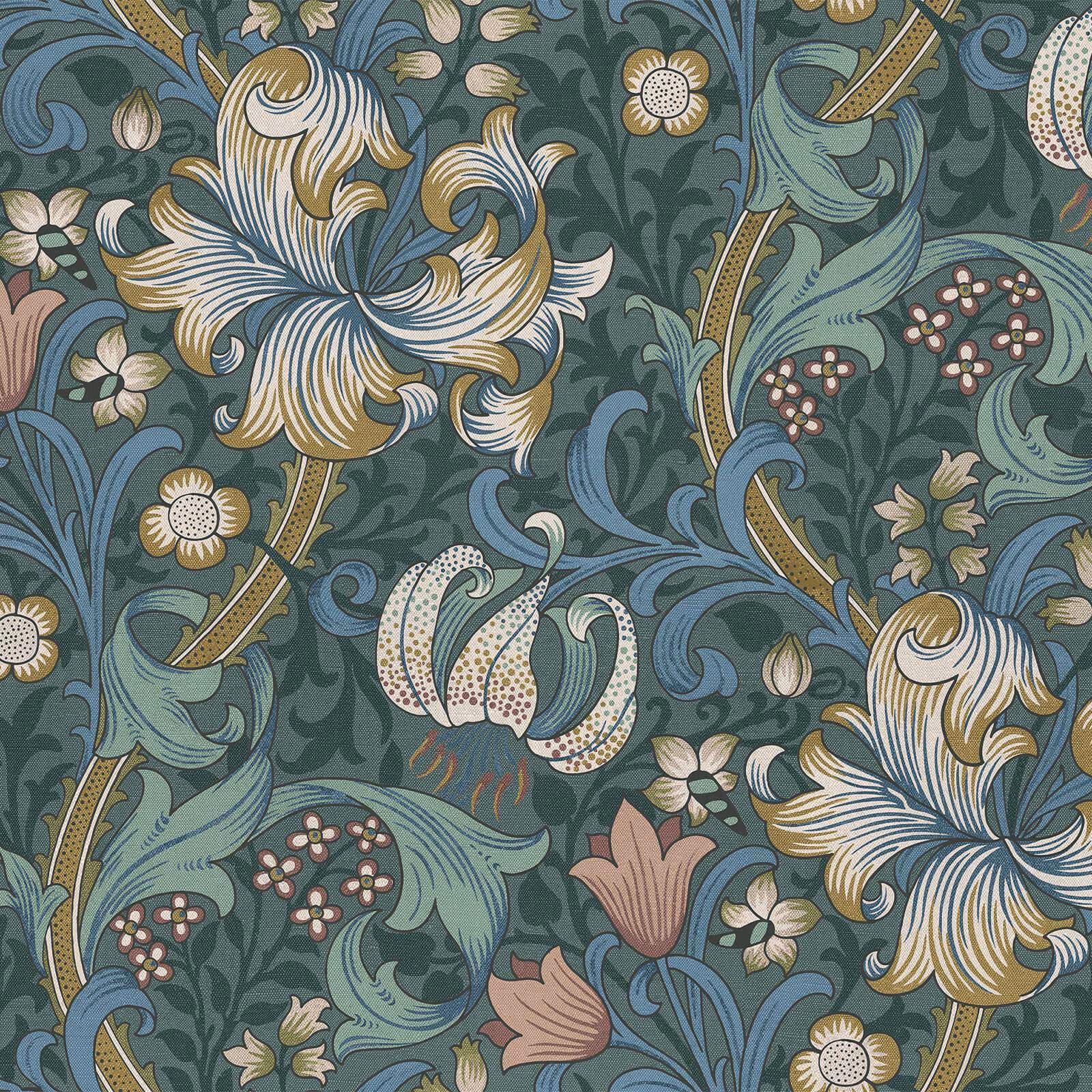 Euphorbia wallpaper with cream lilies, teal foliage, mustard stems and blush flowers