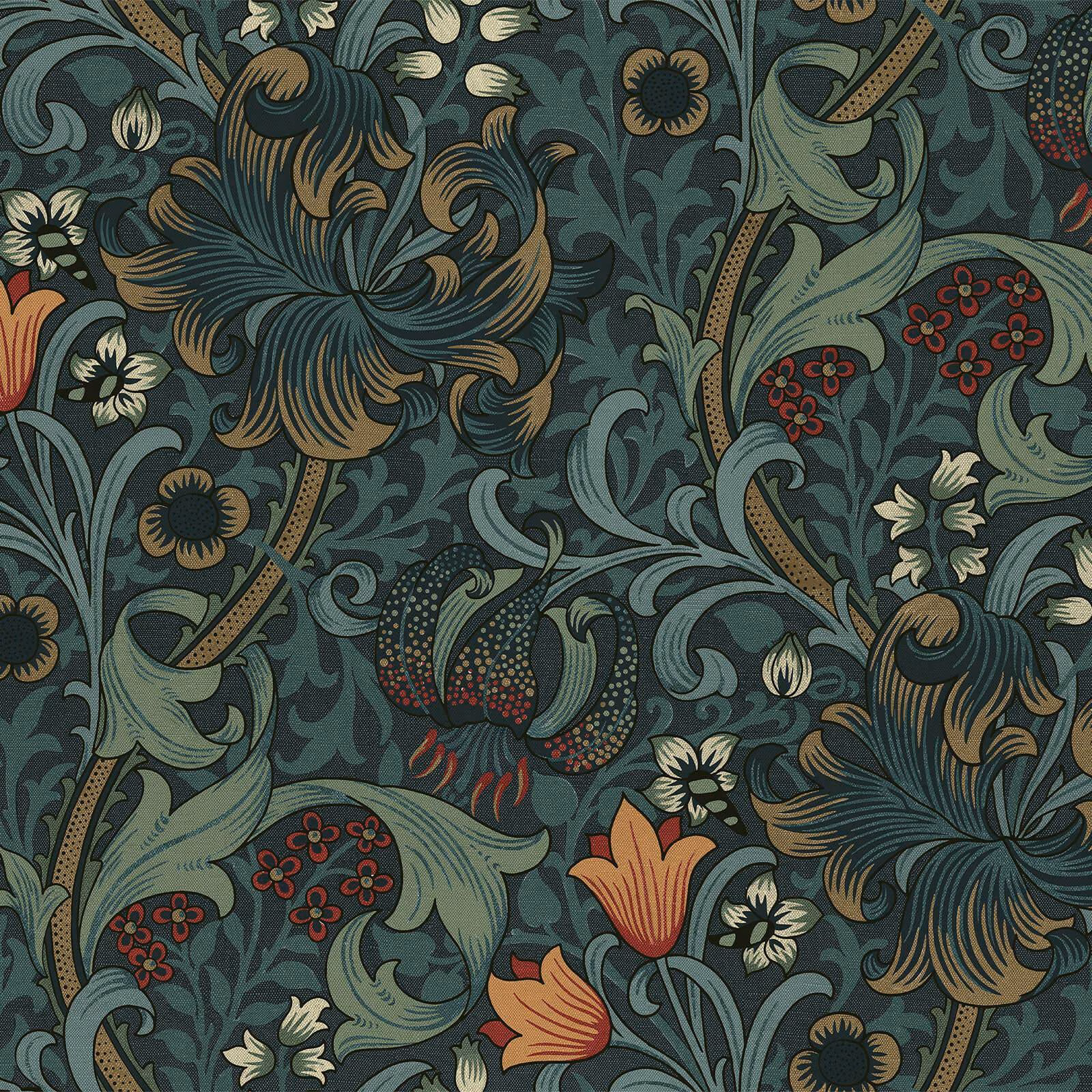 Midnight blue-green wallpaper with sage leaves, gold stems and burgundy botanical flowers