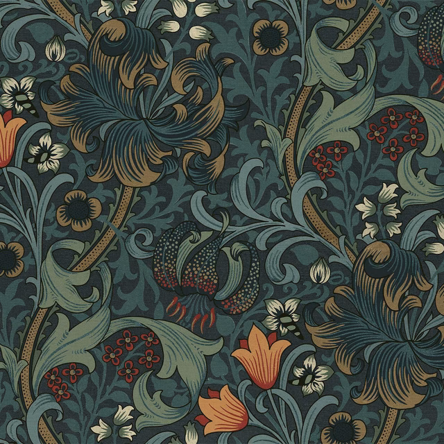 Midnight blue-green wallpaper with sage leaves, gold stems and burgundy botanical flowers