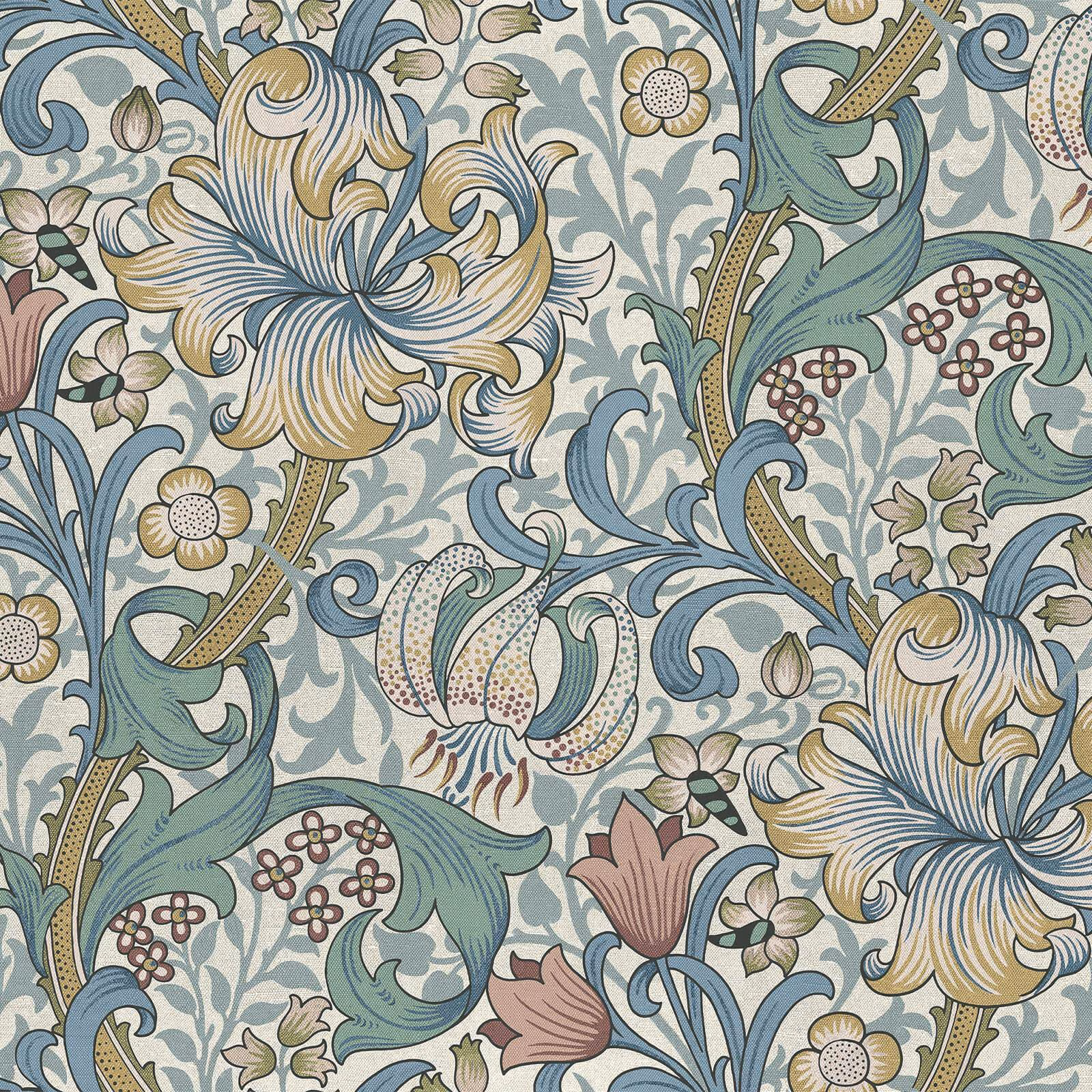 Moonstone blue-grey wallpaper with sage leaves, cream lilies and dusty pink flowers