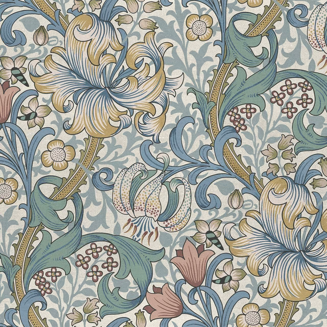 Moonstone blue-grey wallpaper with sage leaves, cream lilies and dusty pink flowers