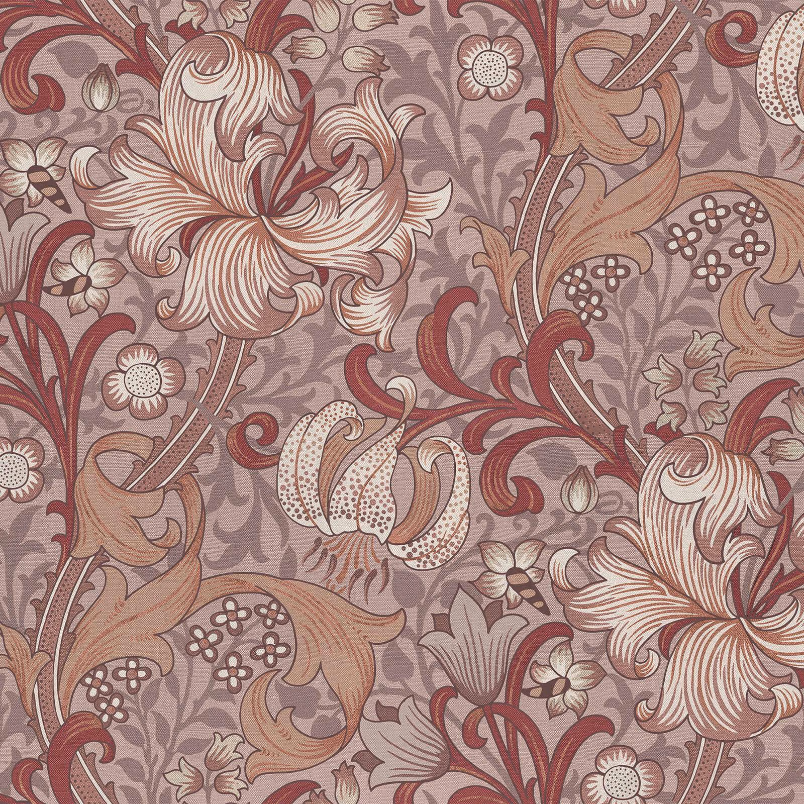 Tourmaline wallpaper with cream lilies, burgundy scrolls and dusty mauve taupe foliage