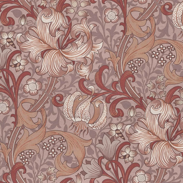Tourmaline wallpaper with cream lilies, burgundy scrolls and dusty mauve taupe foliage