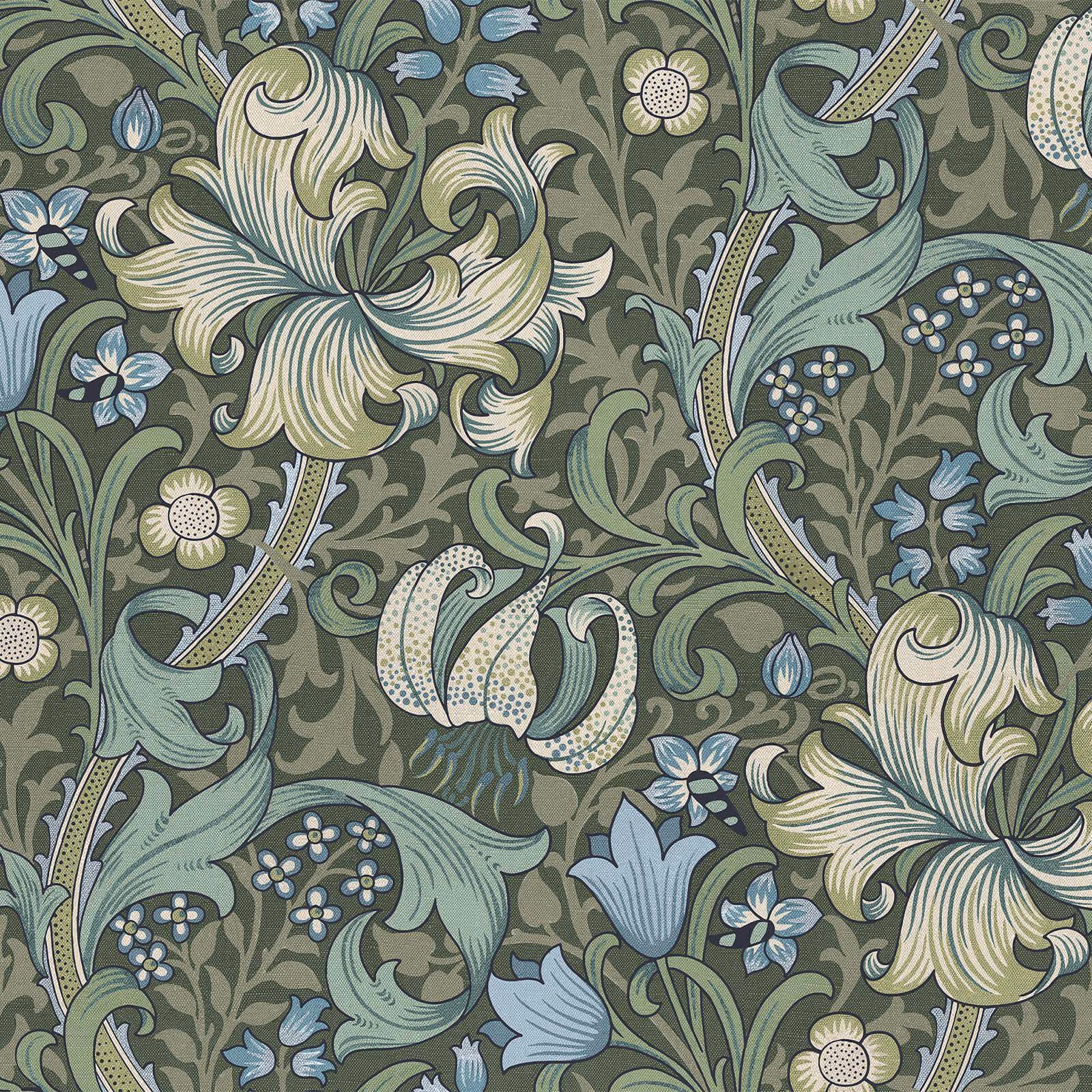 Olive green Golden Lily wallpaper with cream lilies, blue flowers and curling leaves