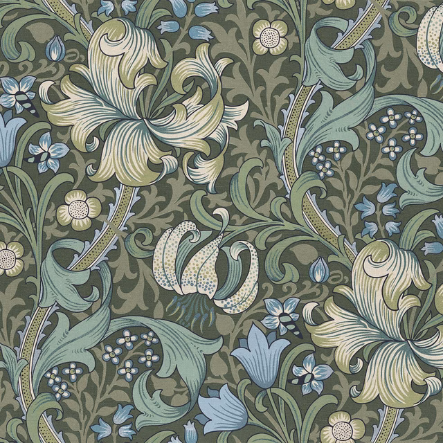 Olive green Golden Lily wallpaper with cream lilies, blue flowers and curling leaves