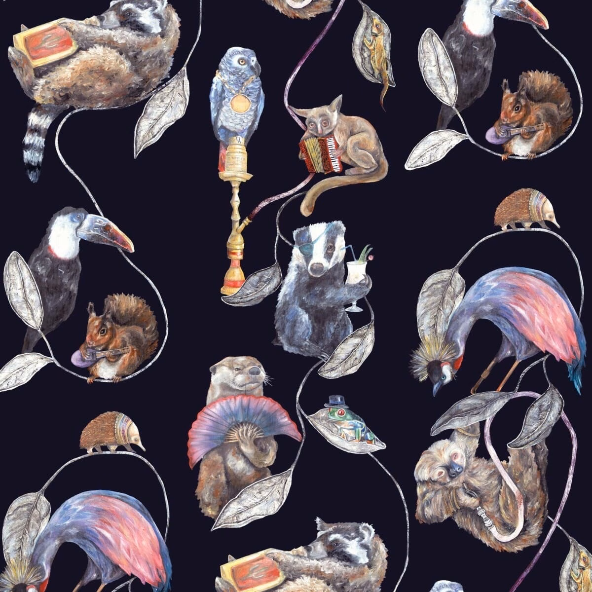 Ink-dark midnight wallpaper with colourful flamingos, birds, monkeys and trailing leaves