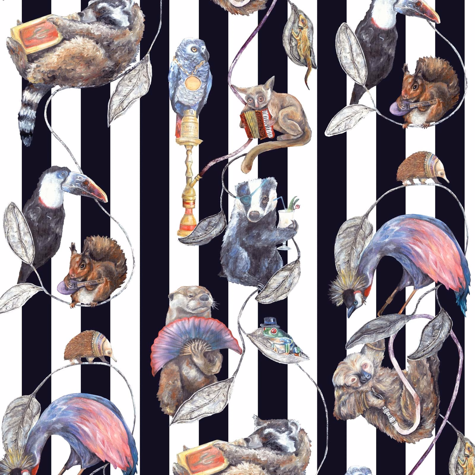 Midnight and white striped wallpaper with flamingo, toucans, squirrel and botanical illustrations