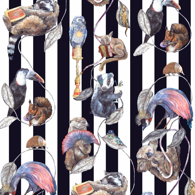 Midnight and white striped wallpaper with flamingo, toucans, squirrel and botanical illustrations