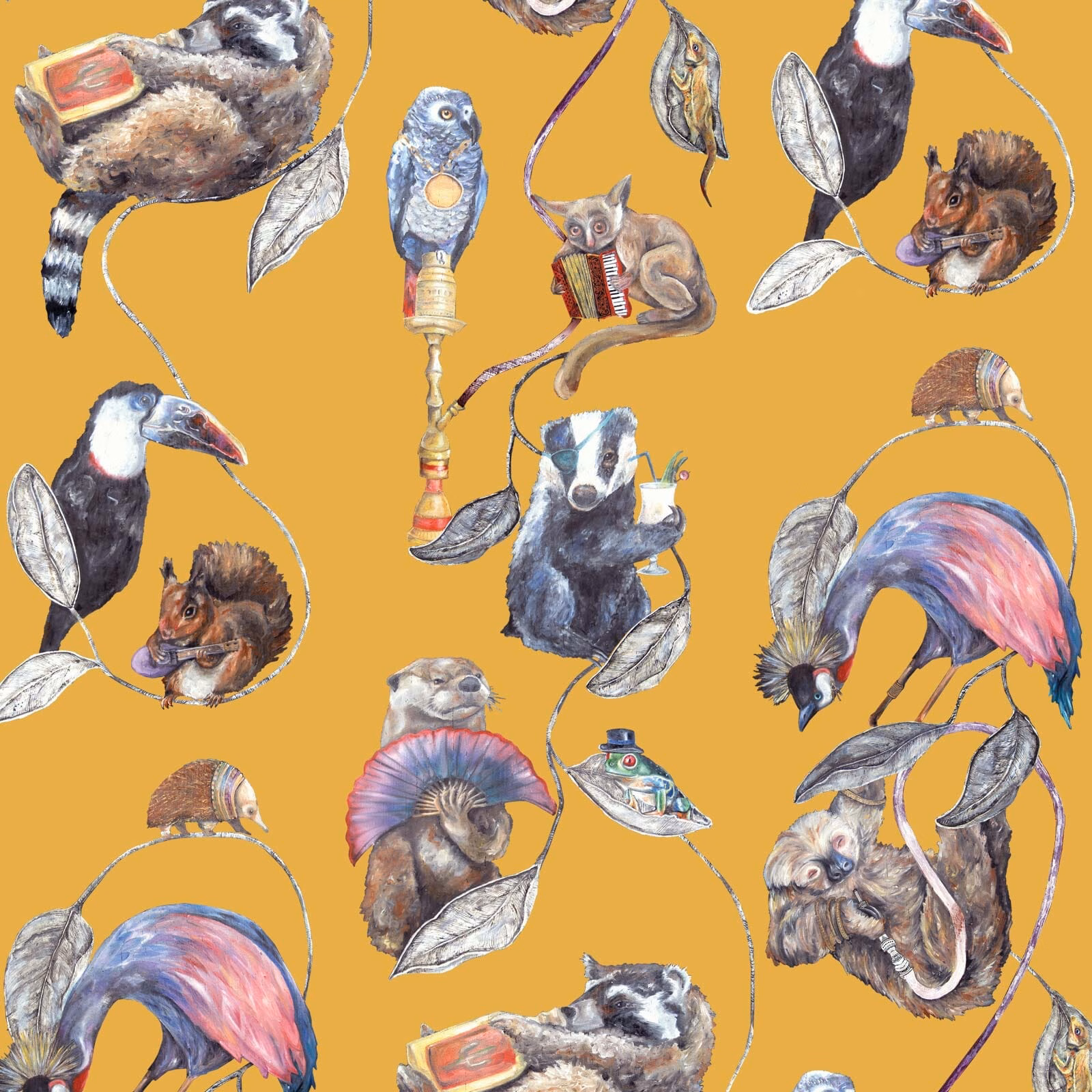 Ochre wallpaper with illustrated flamingos, birds, monkeys and leaves in a dense repeat