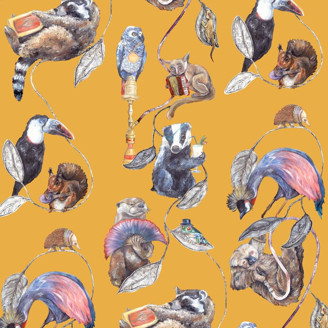 Ochre wallpaper with illustrated flamingos, birds, monkeys and leaves in a dense repeat