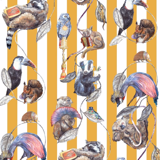 Ochre and white striped wallpaper with illustrated flamingos, toucans, monkeys and foliage