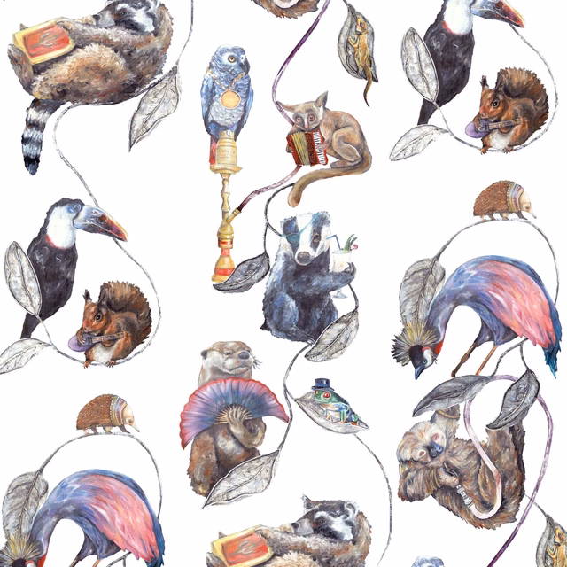 White wallpaper with colourful toucans, flamingos, monkeys, squirrels and leafy winding stems