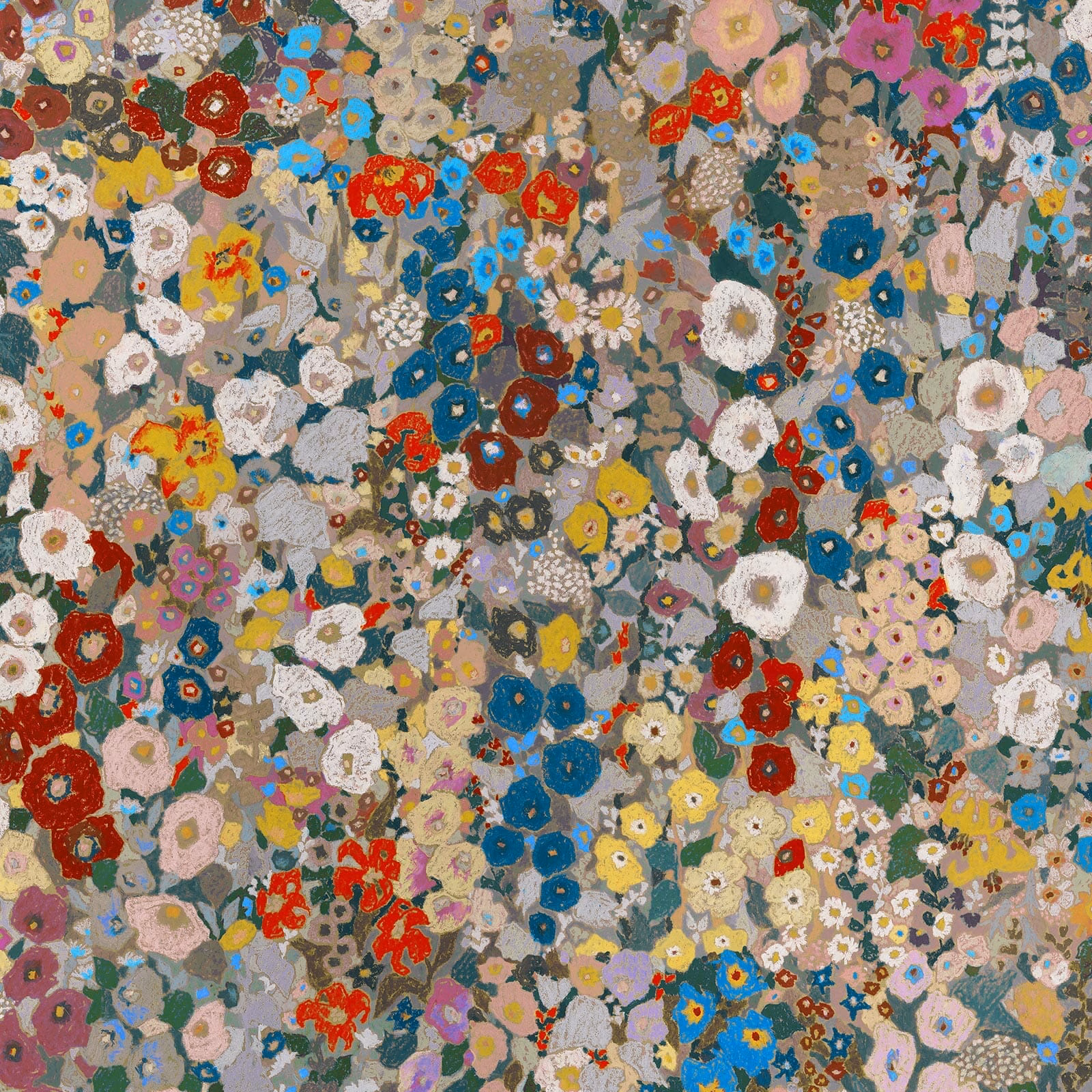 Dense Autumn floral wallpaper with teal, red, ochre, pink and grey blooms
