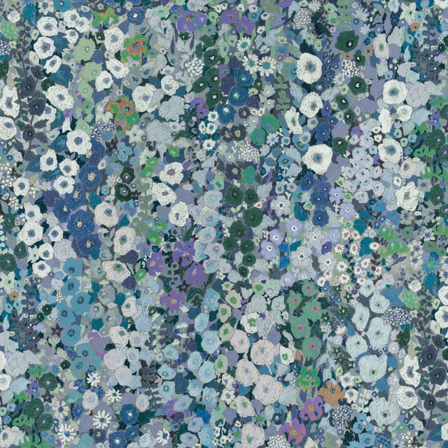 Dense blue-green floral wallpaper with pale blossoms, lilac accents and fine botanical detail