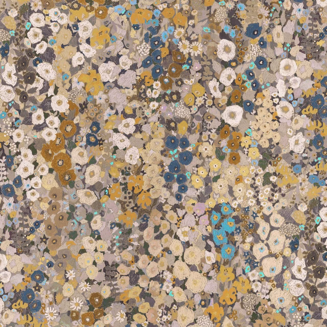 Dense flax floral wallpaper with cream, ochre, blue and turquoise blooms