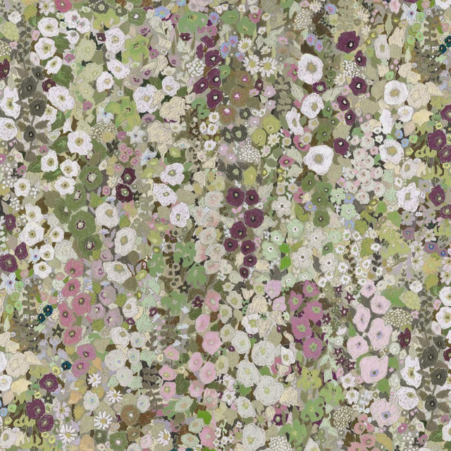 Dense Meadow floral wallpaper with moss green, cream, lilac and plum blossoms