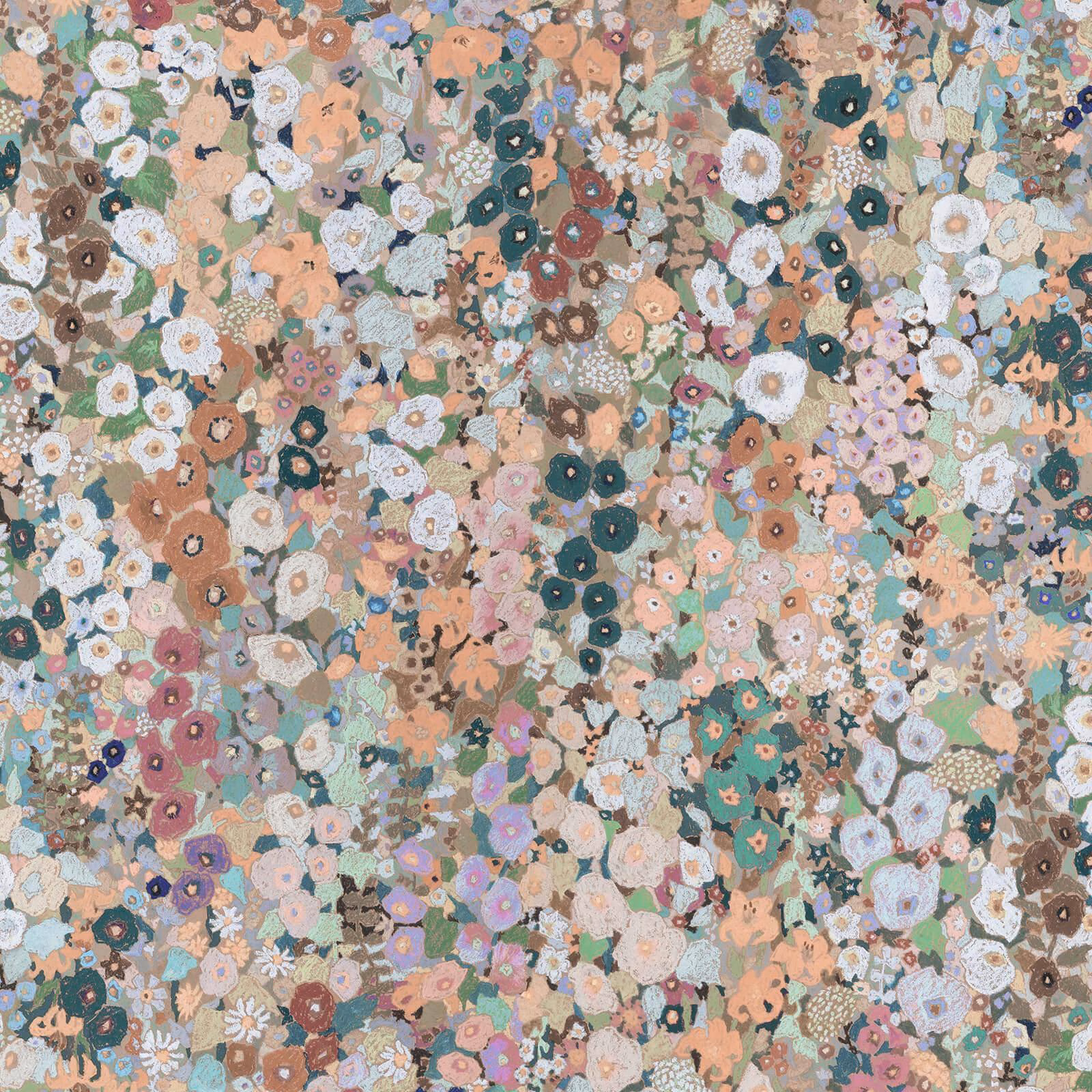 Dense Prairie wallpaper with dusty peach, teal, sage and cream flower clusters