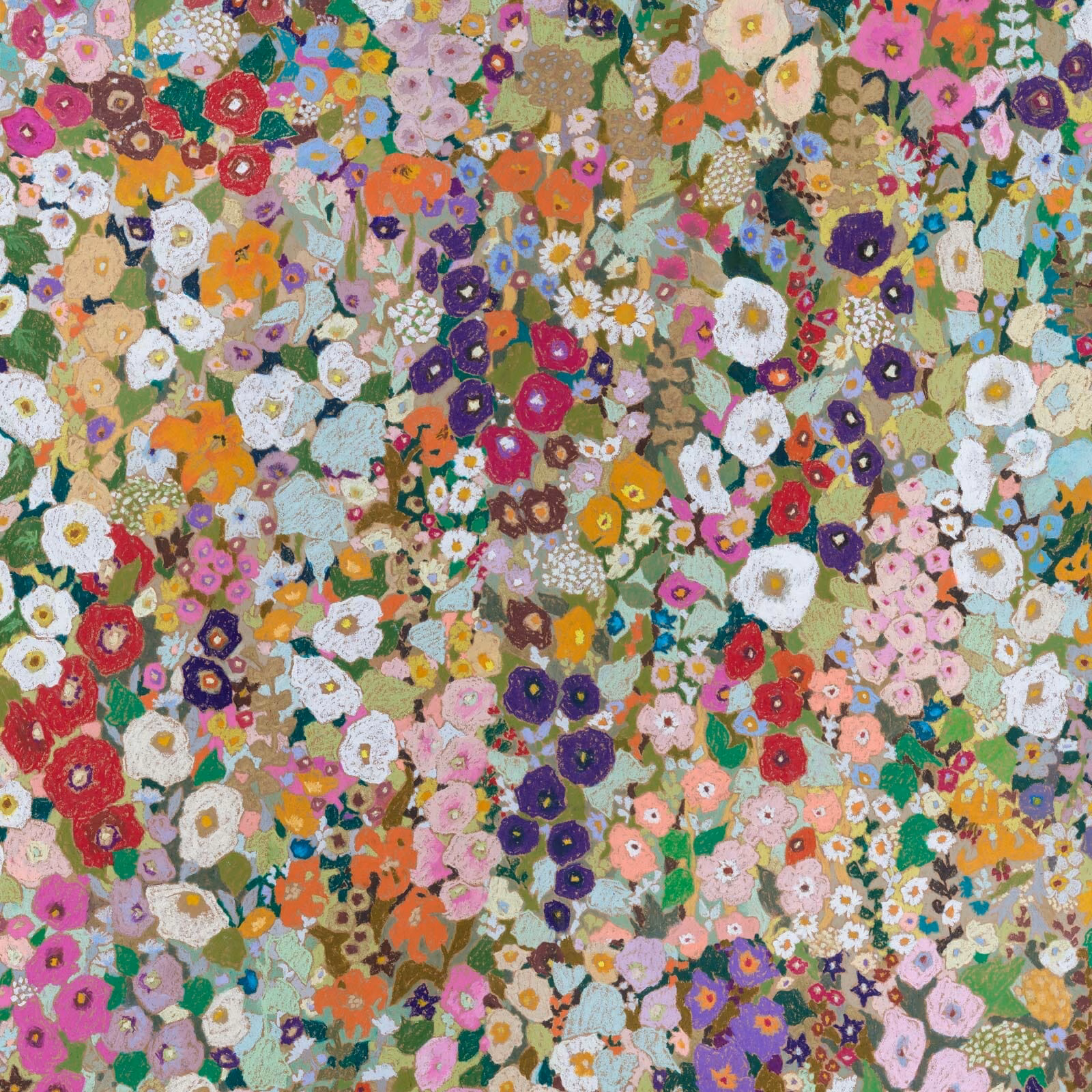 Dense multicoloured floral wallpaper with pink, orange, purple, green and cream blossoms