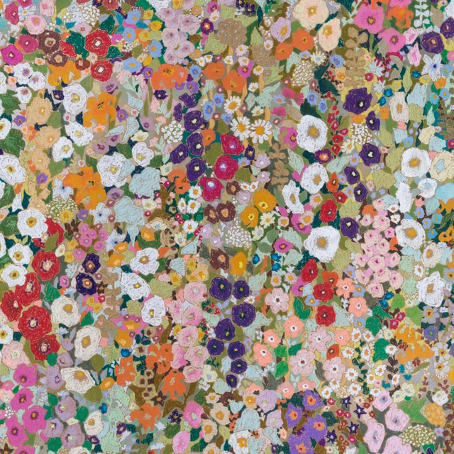 Dense multicoloured floral wallpaper with pink, orange, purple, green and cream blossoms