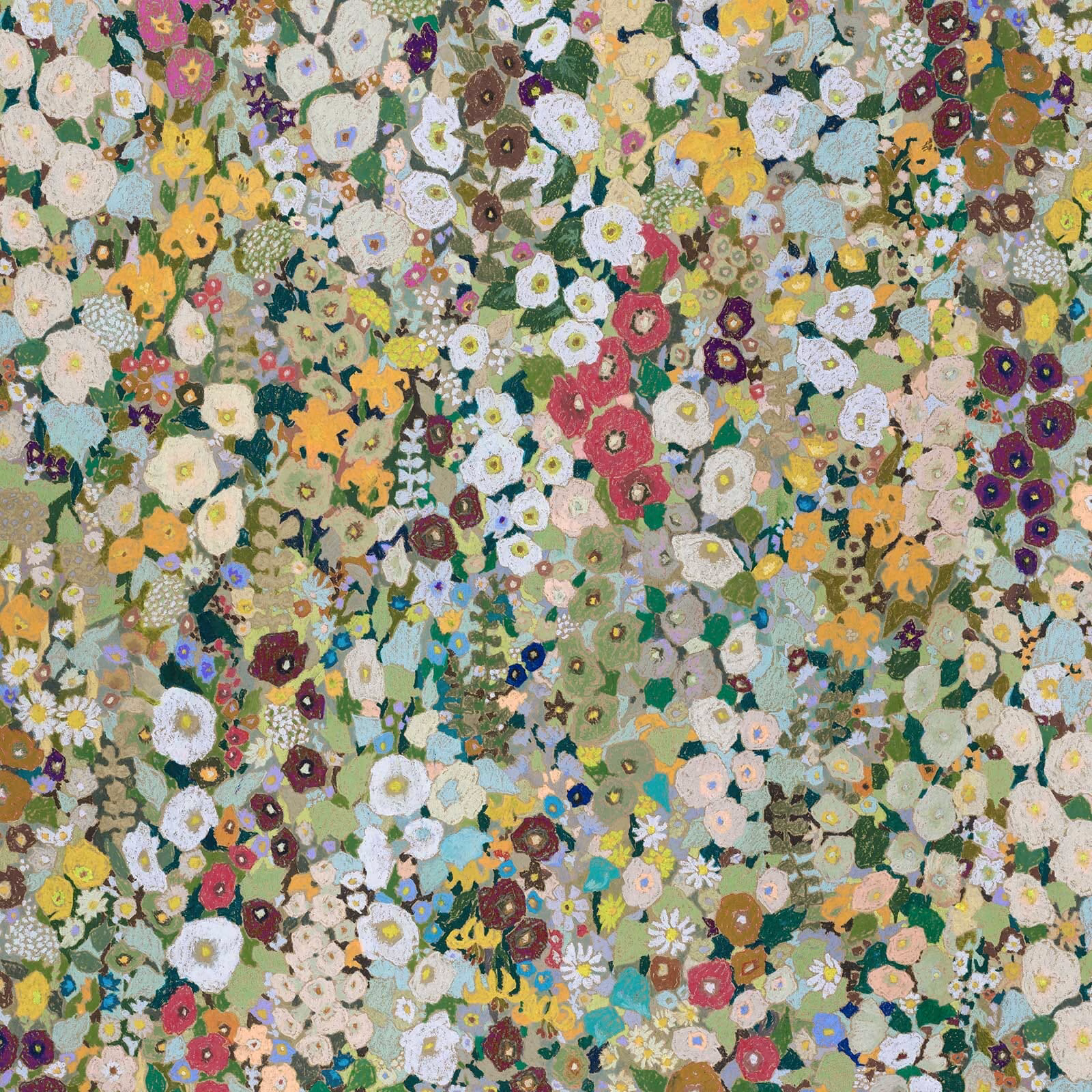 Dense Summer floral wallpaper in sage, cream, mustard, coral, berry and teal tones
