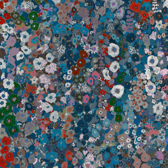Dense Winter floral wallpaper in teal, blue-grey, red, pink, white and green