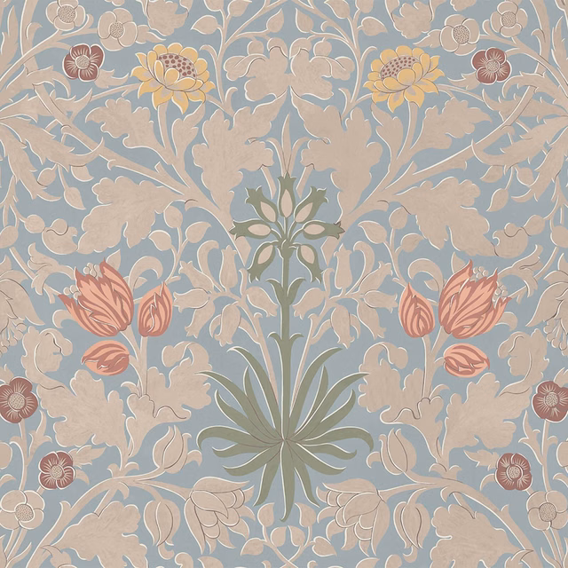 Blue-grey botanical wallpaper with blush flowers, sage leaves and coral tulips