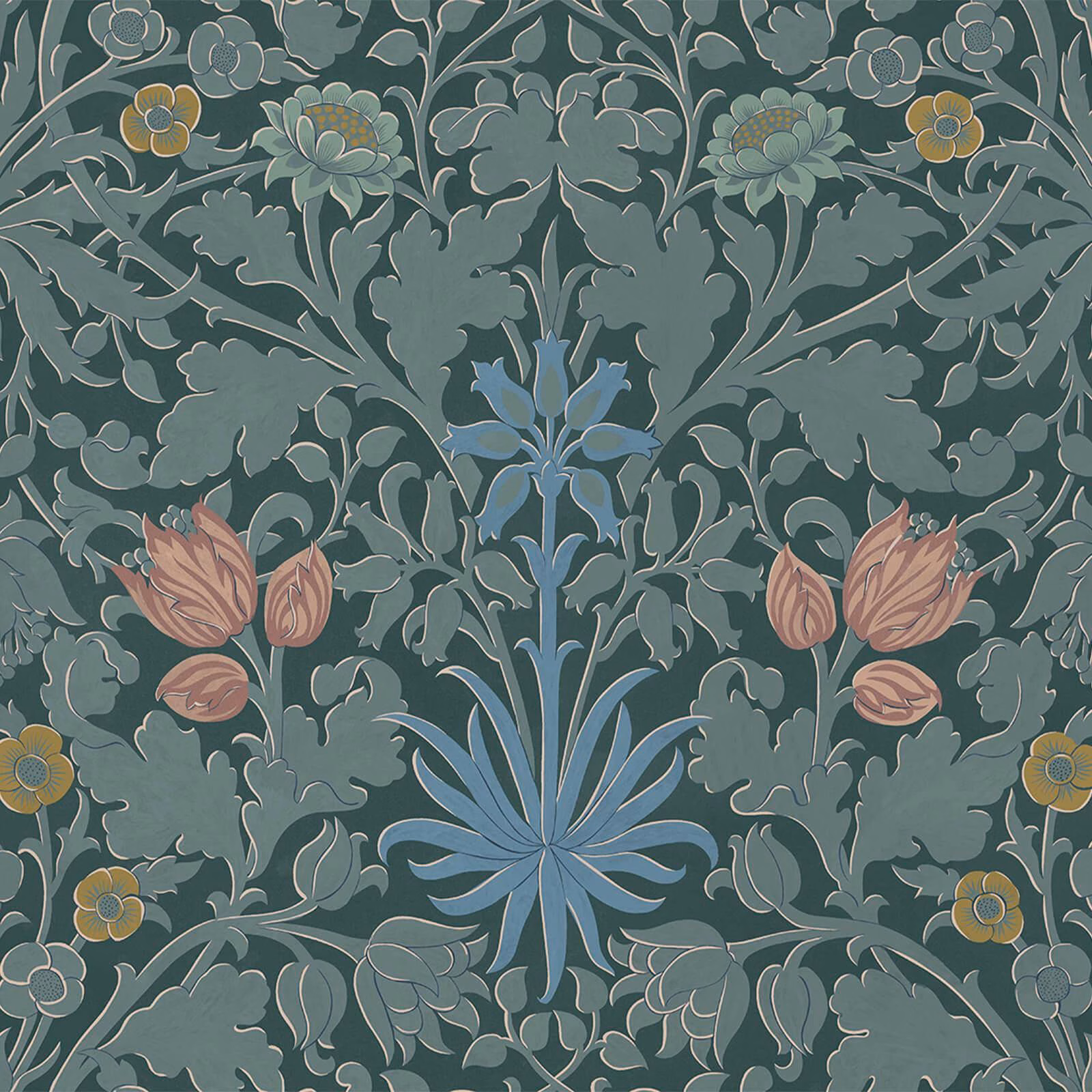 Muted blue-green botanical wallpaper with blue flowers, peach tulips and ochre blooms
