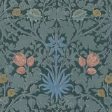 Muted blue-green botanical wallpaper with blue flowers, peach tulips and ochre blooms