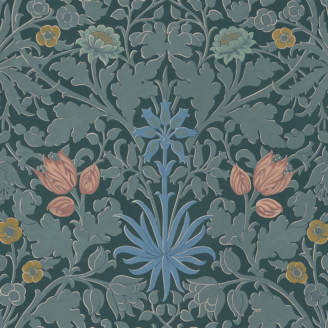 Muted blue-green botanical wallpaper with blue flowers, peach tulips and ochre blooms