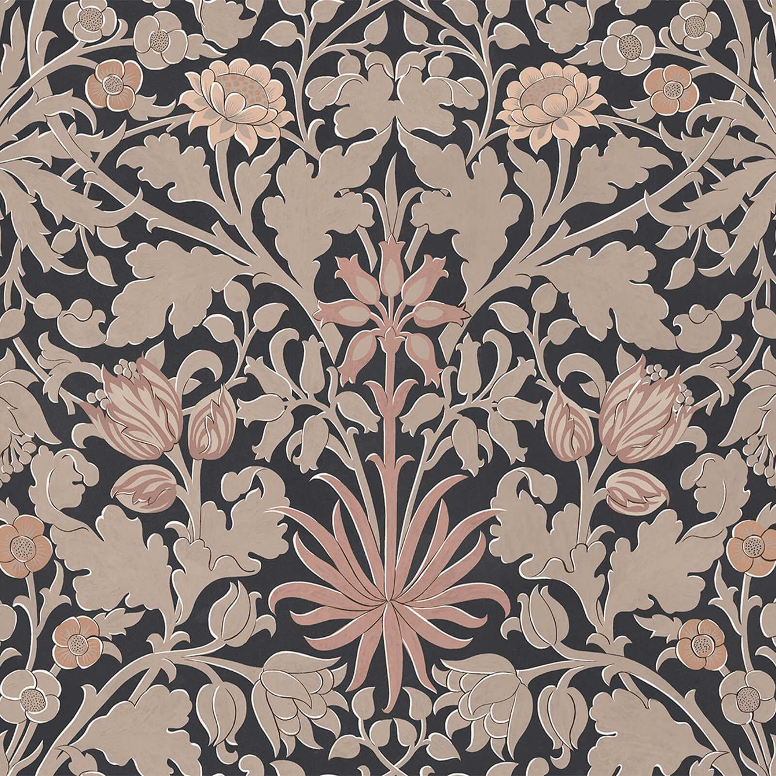 Charcoal wallpaper with taupe foliage and dusty blush botanical flowers