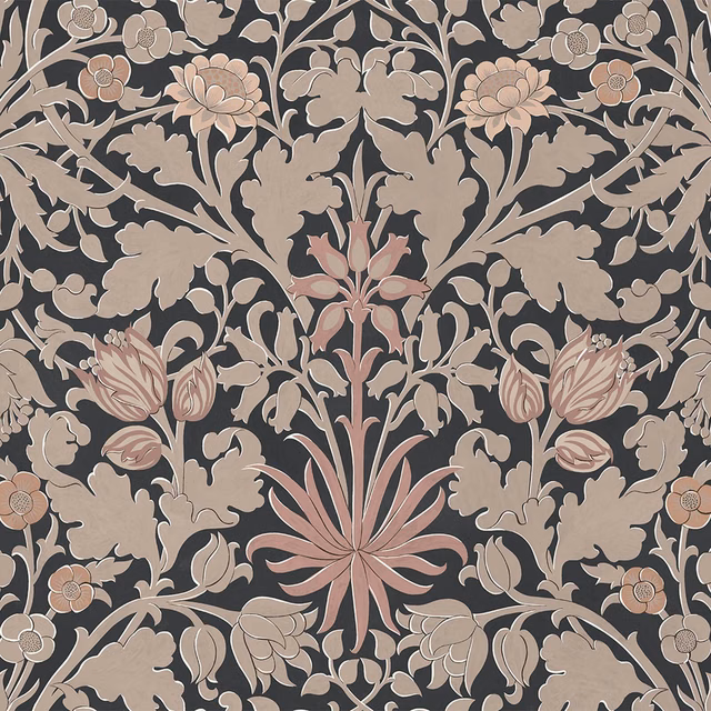 Charcoal wallpaper with taupe foliage and dusty blush botanical flowers