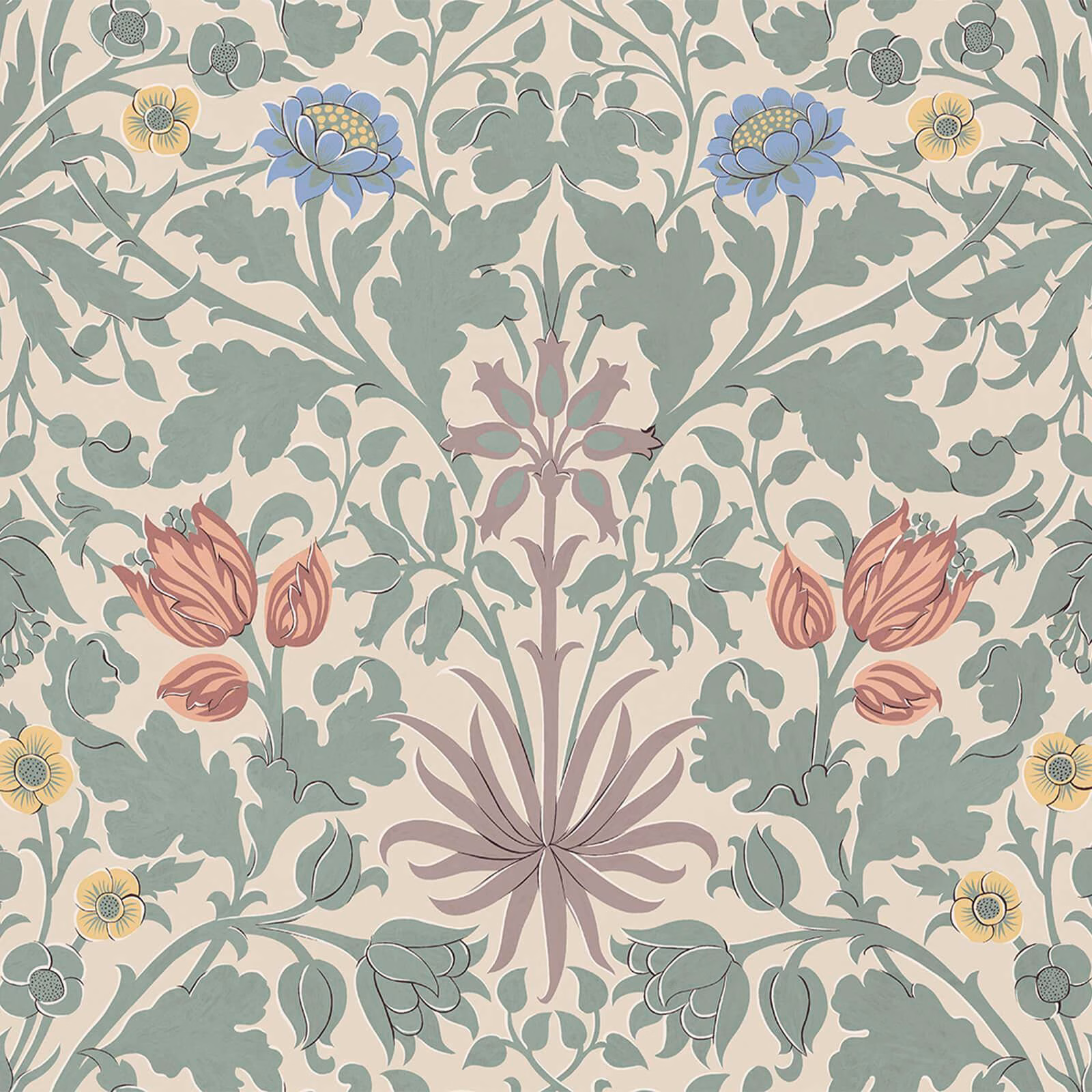 Pale cream botanical wallpaper with sage leaves, blue flowers and coral tulips